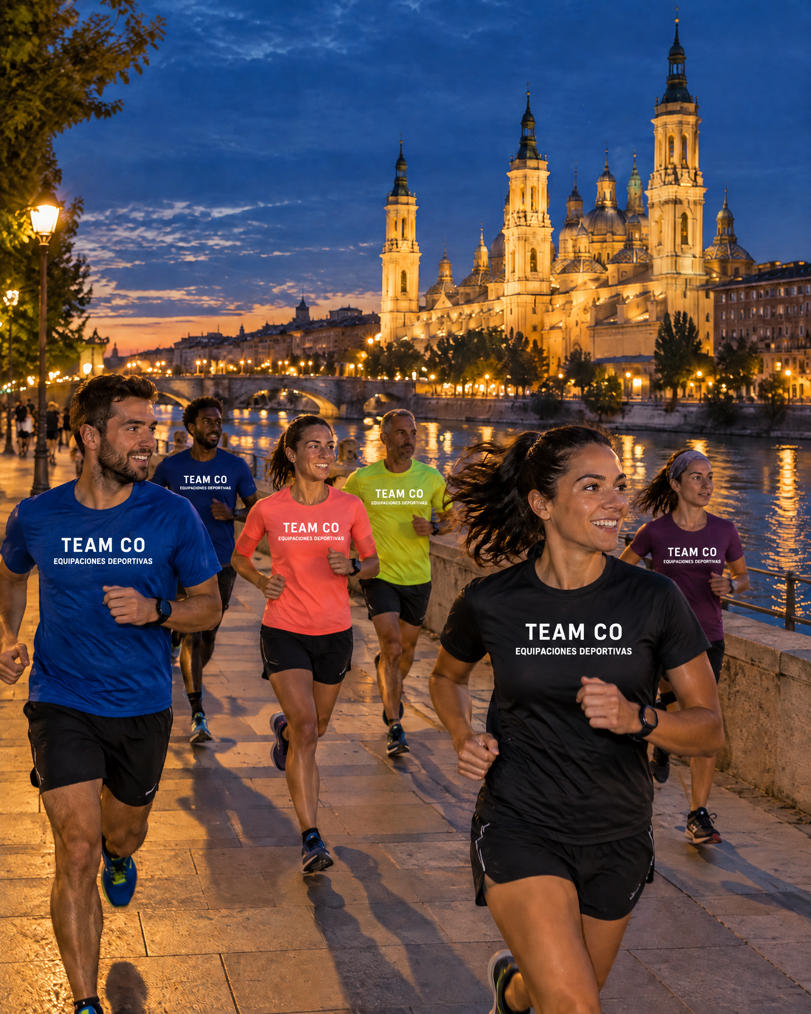 Corredores con camisetas TEAM CO EQUIPACIONES DEPORTIVAS junto a la Plaza del Pilar en Zaragoza